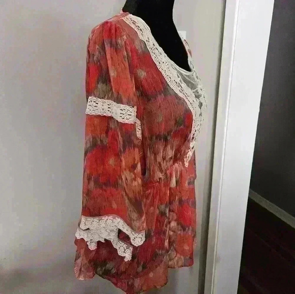 Free People Daydreamer Batwing Crotchet Lace Trim Multicolored Sheer Top S - Picture 6 of 15